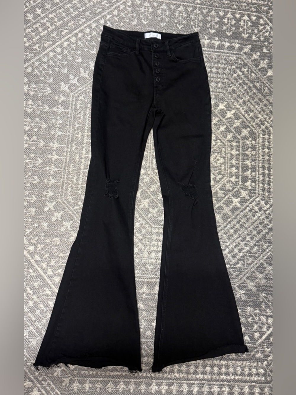 VERVET  BLUE Black High-Rise Flare Jeans with Button Fly and Knee Distress